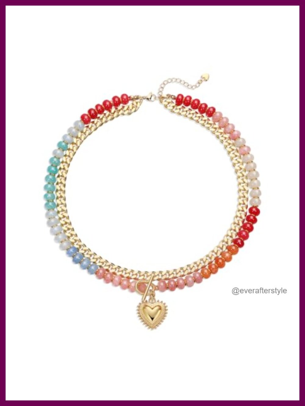 Natural Stone Beaded Layered Heart Choker Necklace 14K Gold Plated Cuban Chain